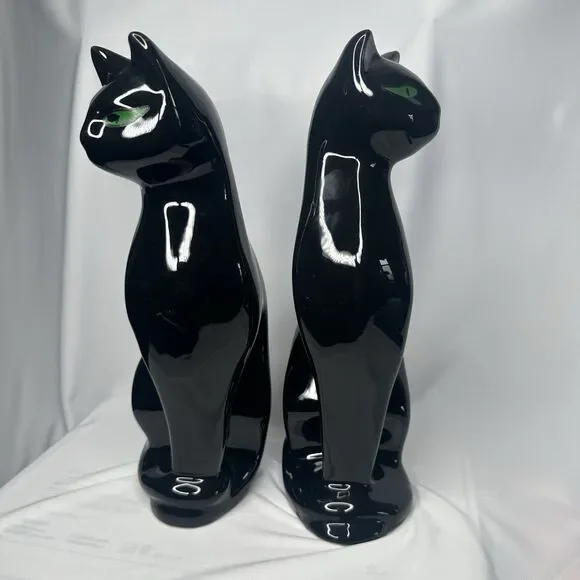 VTG Artmark Fine Ceramic Midnight Shadows Pair of Black Cats Green Eyes 12.5 in - Picture 5 of 12